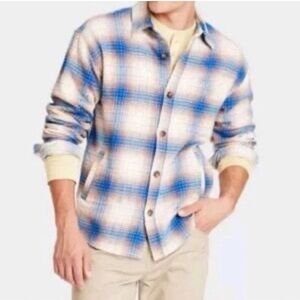 Men’s flannel Shacket, Cotton blue plaid heavyweight button down flannel​